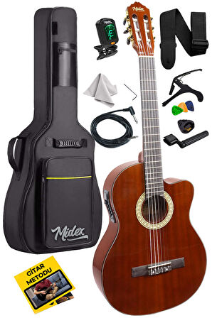 Midex X48 Profesyonel Masif Ağaç Ekolayzerli Elektro Klasik Gitar Seti 4/4 Üst Segment